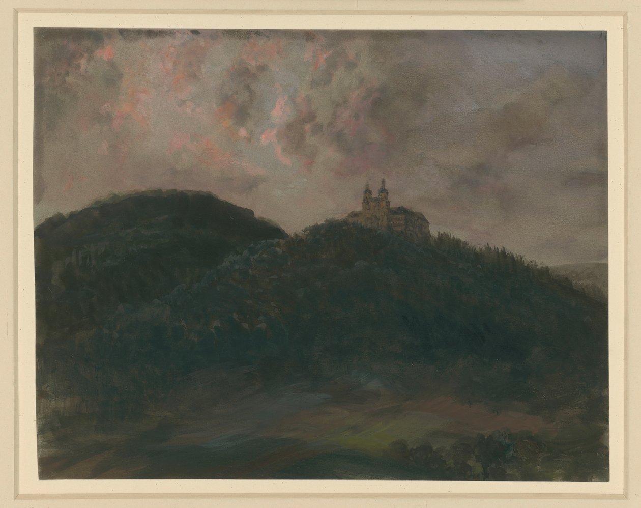Et skogkledd fjellandskap med klosteret Banz ved Lichtenfels i Bayern, høyt oppe i fjellet av Adolph Menzel