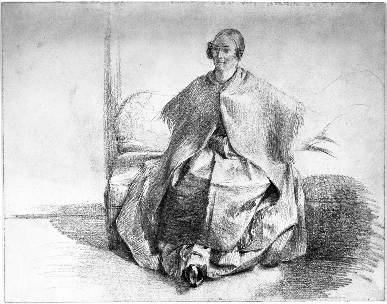 Kvinnelig kostymefigur med sjal, sittende på en sofa av Adolph Menzel