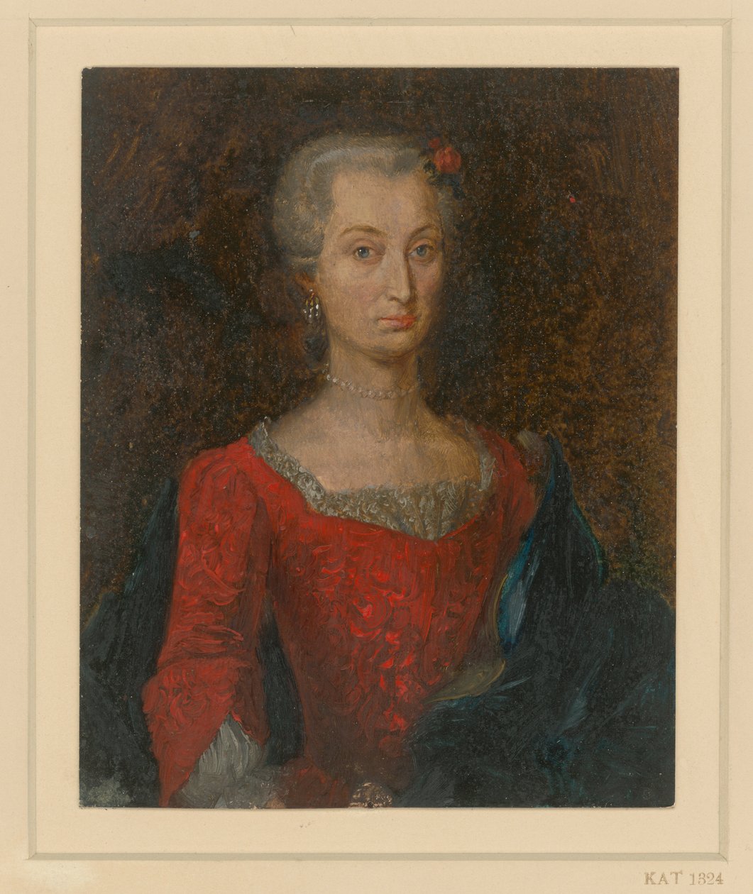 Brystportrett av en kvinne i rød kjole med blå kappe av Adolph Menzel