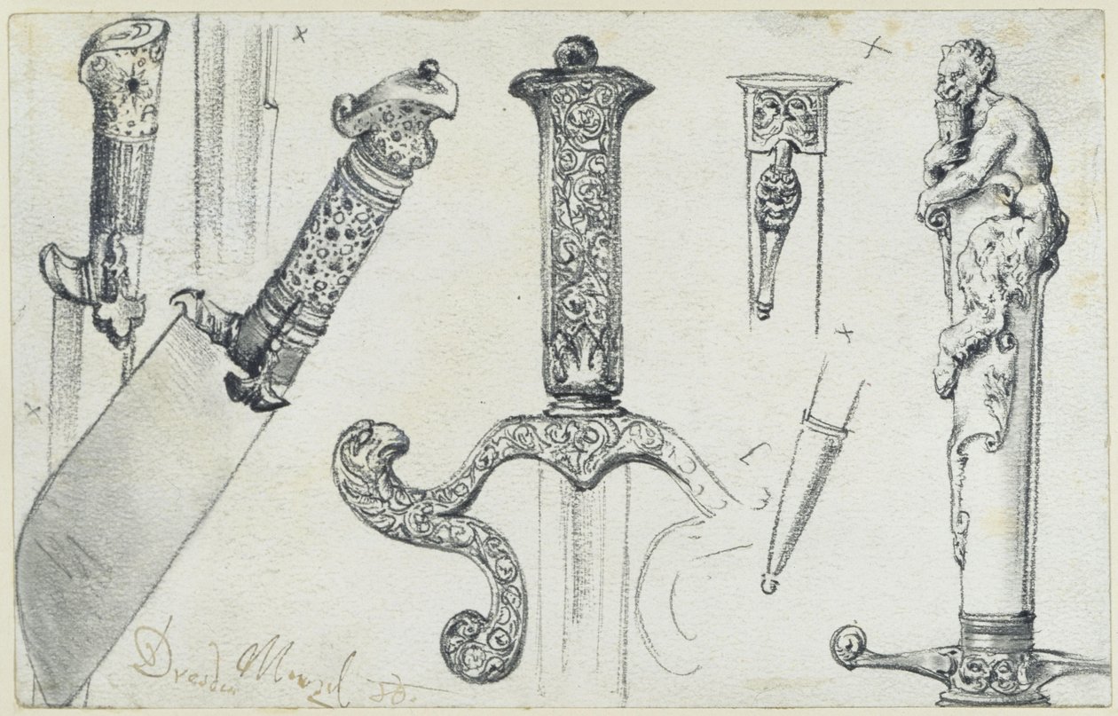 En beitekniv fra slutten av 1500-tallet, et jaktsverd fra første halvdel av 1600-tallet samt «Permoser»-hjortekniven fra begynnelsen av 1700-tallet, Historisk museum, Dresden av Adolph Menzel