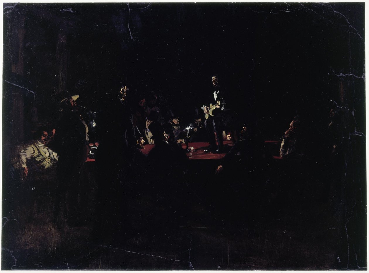 Festdeltakere rundt et stort bord og en sanger av Adolph Menzel