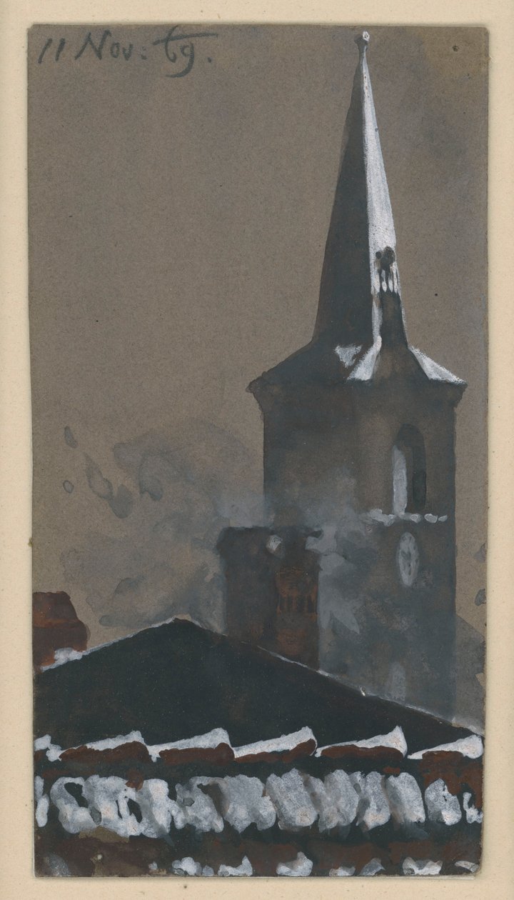 Snødekt tegltak og kirketårn av Adolph Menzel