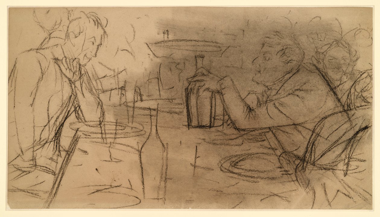 To herrer som sitter overfor hverandre ved et bord på en kro og snakker sammen av Adolph Menzel