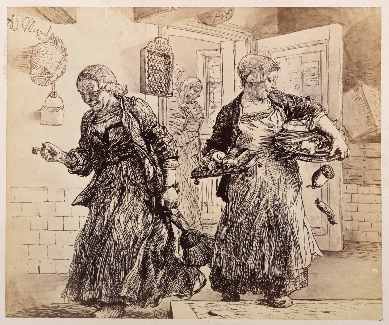 To tjenestepiker kommer leende frem med matbrett, en skål osv. Landsbydommeren, som bakerst i rommet håndterer en bunke saksdokumenter, skjeller dem ut, til Heinrich von Kleists «Den knuste krukken» av Adolph Menzel