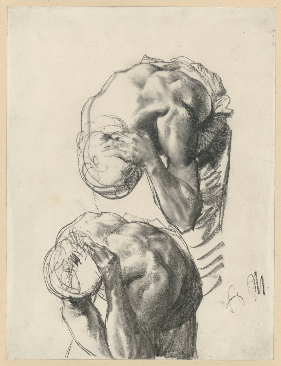 To studier: Arbeider som vasker seg. Studie til «Jernvalseverket. Moderne kykloper» av Adolph Menzel