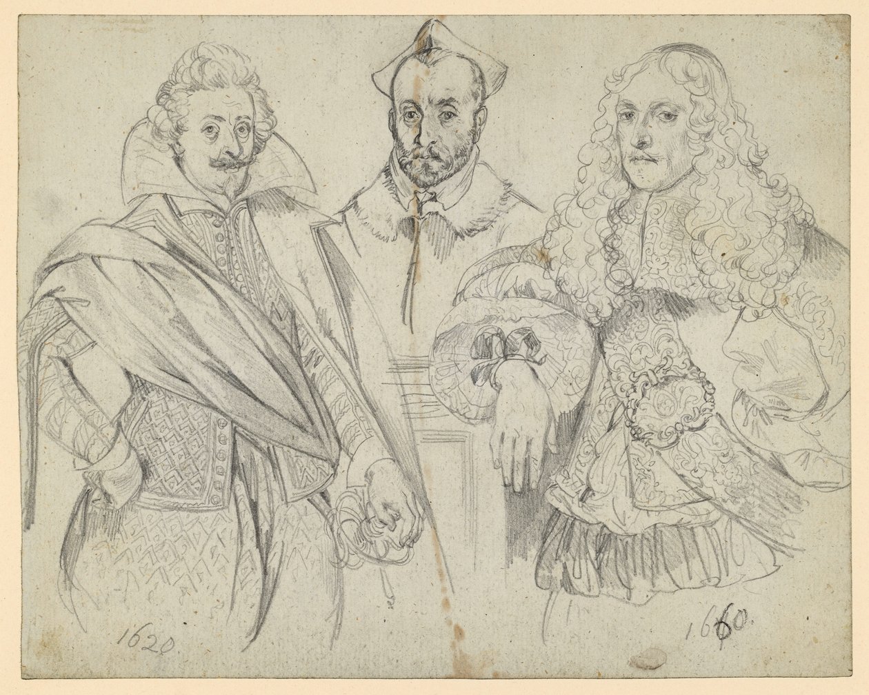 To dignitærer fra 1620 og 1660, med en kardinal i midten. Ettertegninger av historiske framstillinger av Adolph Menzel