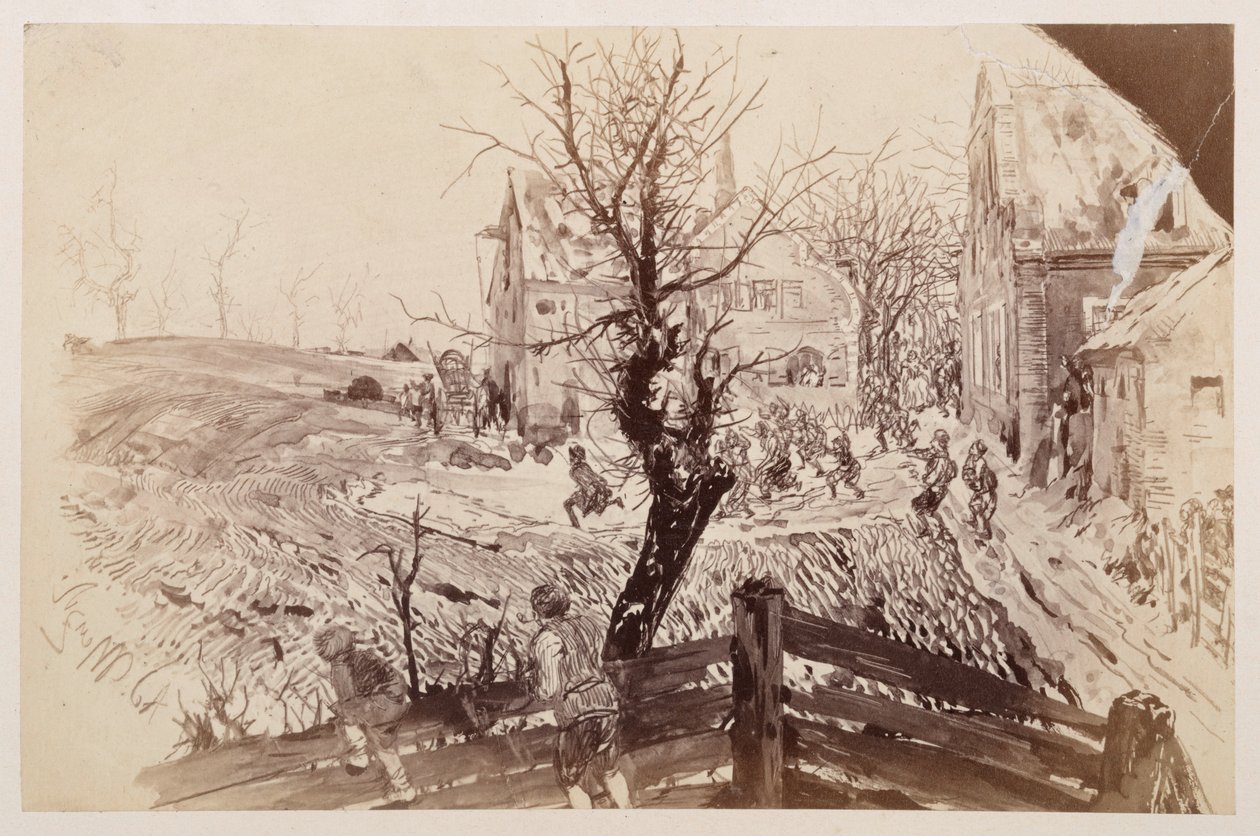 Mellom landsbyens siste hus bryter mengden fram for å forfølge den flyktende Adam, som ses skynde seg bort med stokken sin, til Heinrich von Kleists «Den knuste krukken» av Adolph Menzel