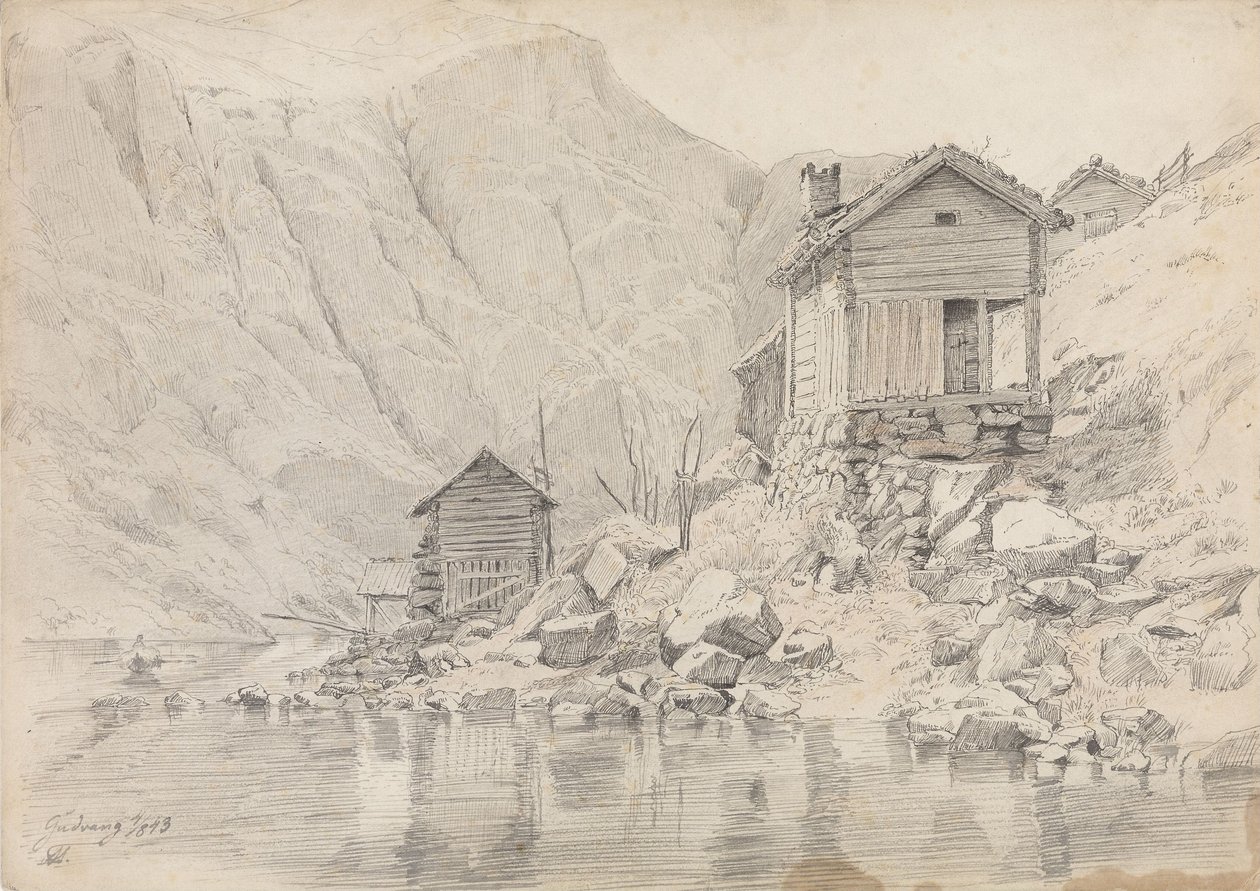 Hus ved stranden, Gudvangen av Adolph Tidemand