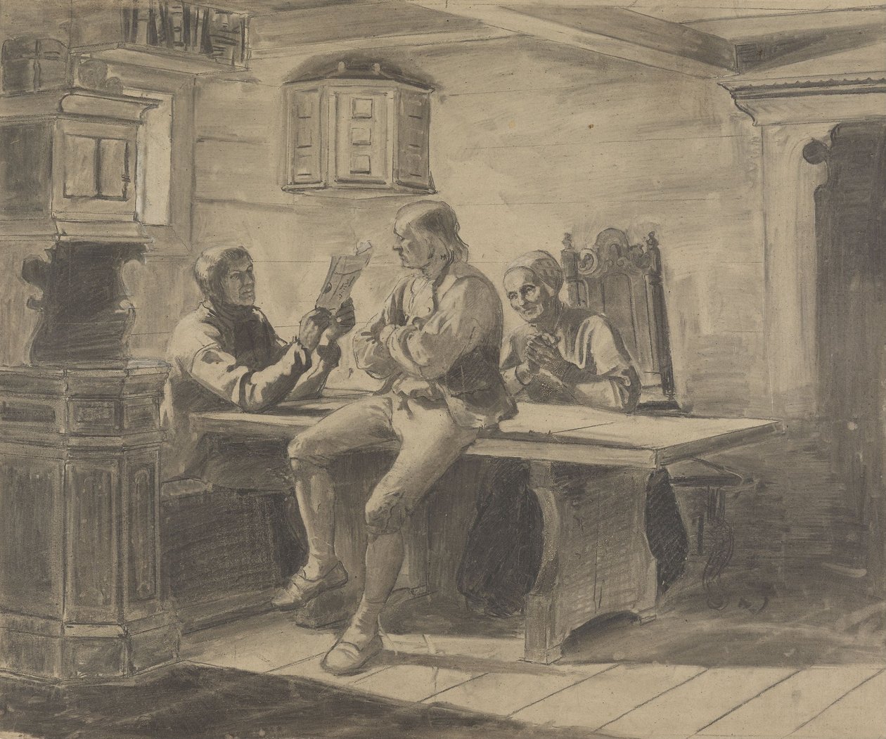 Mann som leser høyt for en kvinne og en mann av Adolph Tidemand