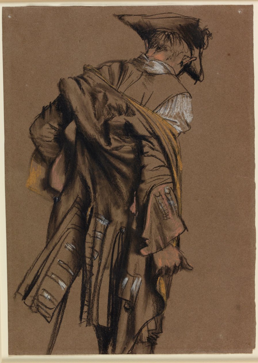 Kunstners modell, sett bakfra, iført en uniform fra det attende århundre av Adolph Menzel
