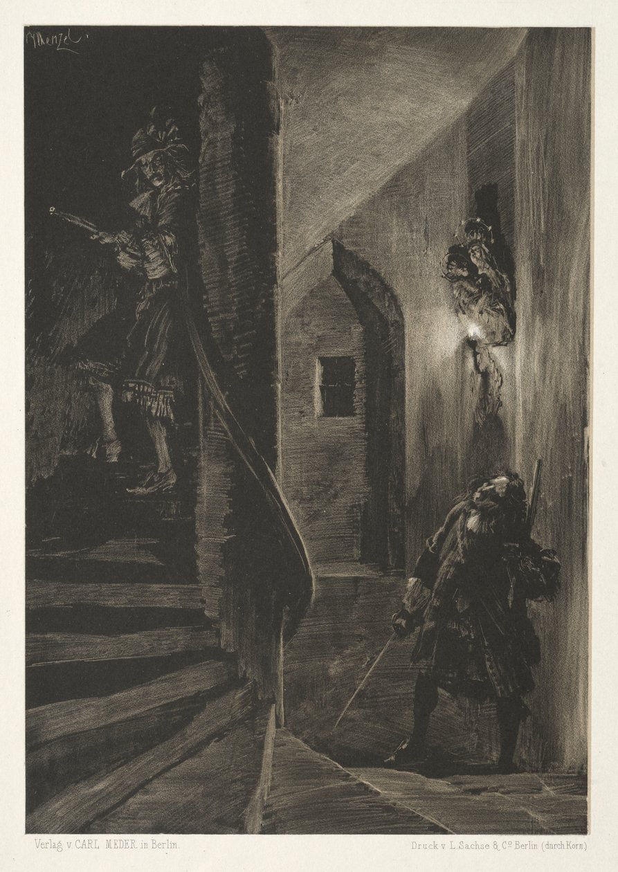 Essay om stein med børste og skrape: Chase on the Winding Staircase av Adolph Menzel