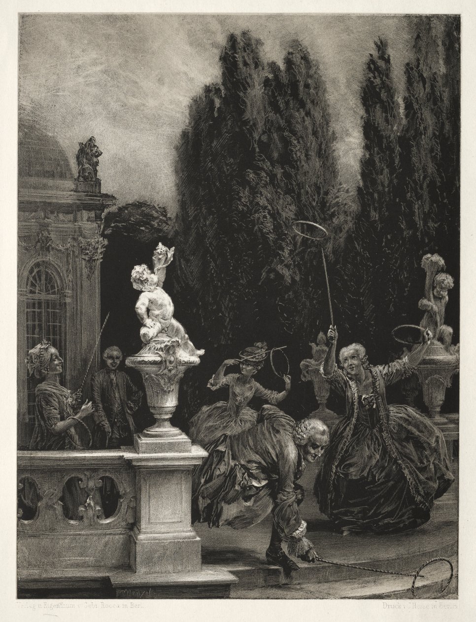 Essay om stein med pensel og skrape: Spille på Hoops on the Castle Terrace av Adolph Menzel