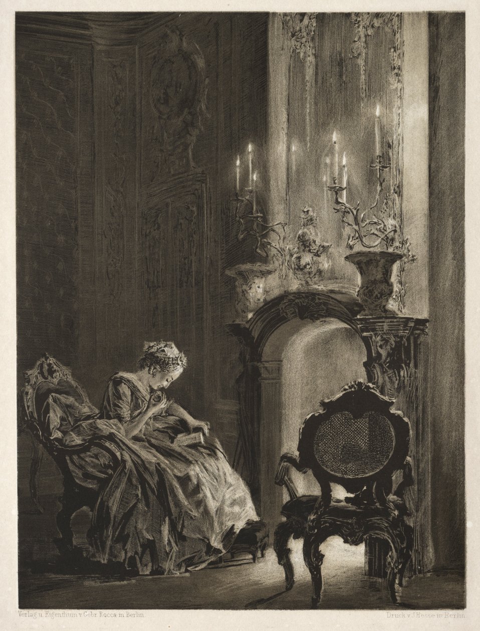 Essay om stein med børste og skraper: kvinne som leser ved bålet av Adolph Menzel