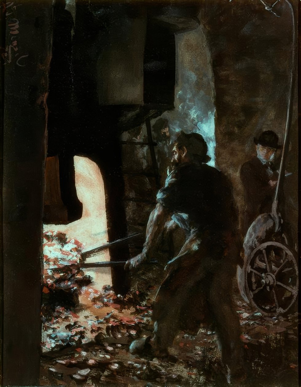 Selvportrett med en arbeider ved damphammeren av Adolph Menzel