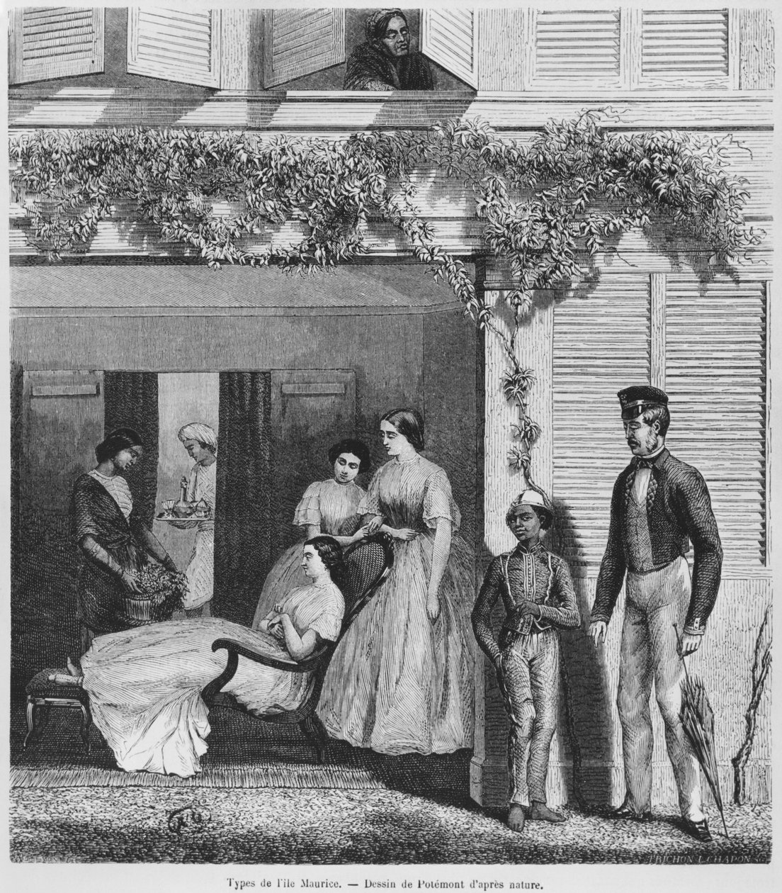Europeiske folk og innbyggere på Mauritius, ca. 1857 (bw-gravering) av Adolphe Martial Potemont