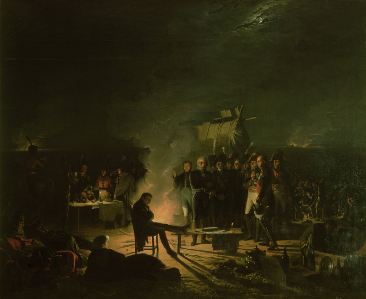 Bivuakk av Napoleon I (1769–1821) på slagmarken under slaget ved Wagram, 5.–6. juli 1809, 1810 av Adolphe Roehn