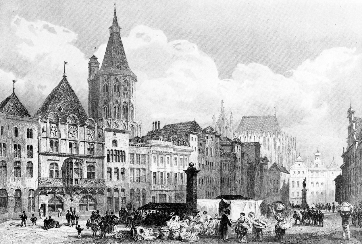 Alter Markt (Köln) med rådhuset og rådhustårnet. I bakgrunnen den fortsatt uferdige Kölnerdomen av Adolphe Rouargue