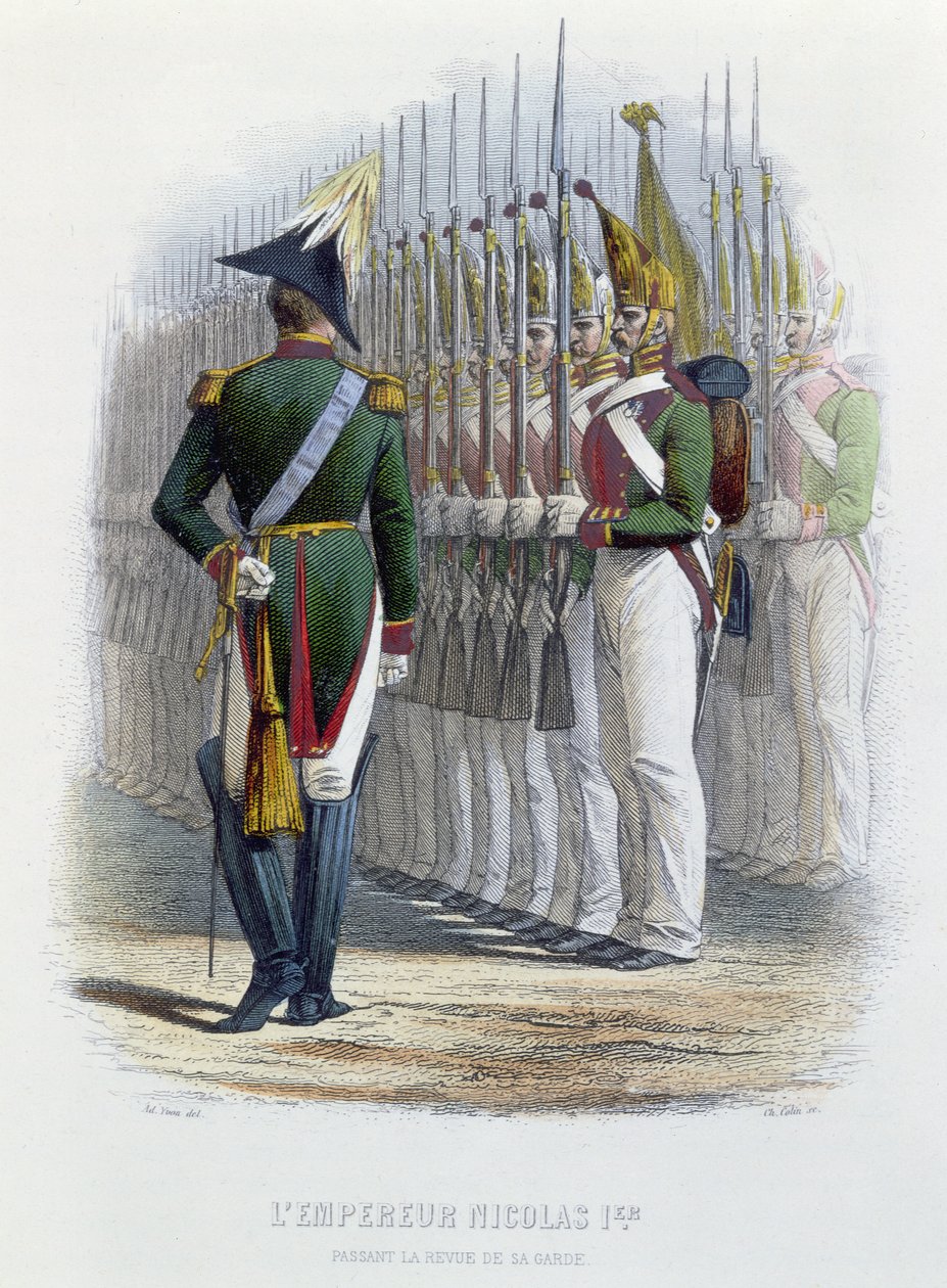 Tsar Nicholas I fra Russland inspiserer vaktene hans som står til oppmerksomhet av Adolphe Yvon