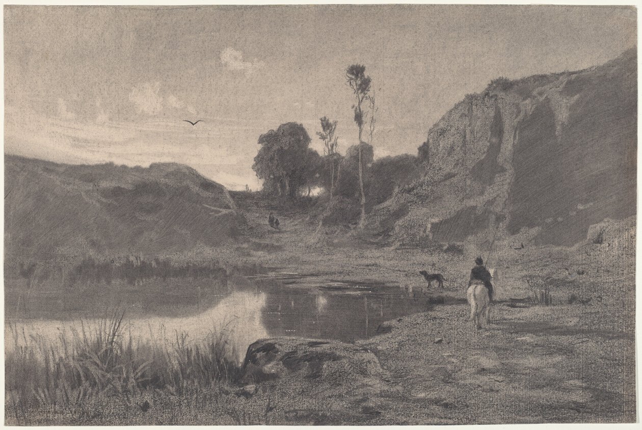 En rytter ved en fjelldam ved solnedgang av Adolphe Appian