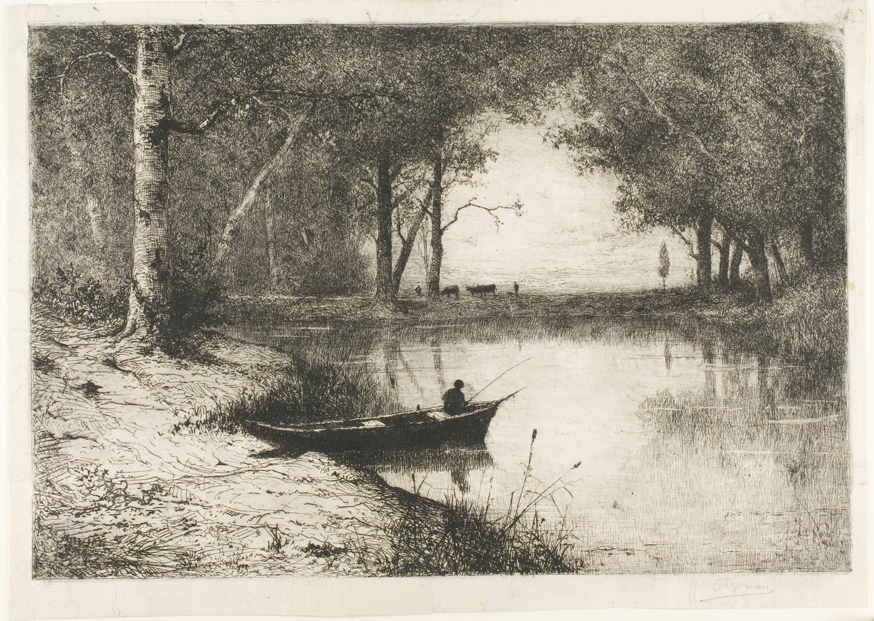 Fisker i en båt ved elvebredden av Adolphe Appian