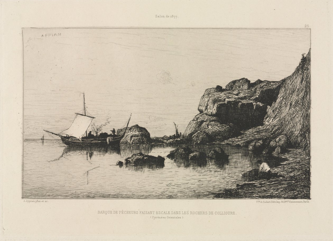 Fiskebåt anløper ved klippene i Collioure, 1878. av Adolphe Appian