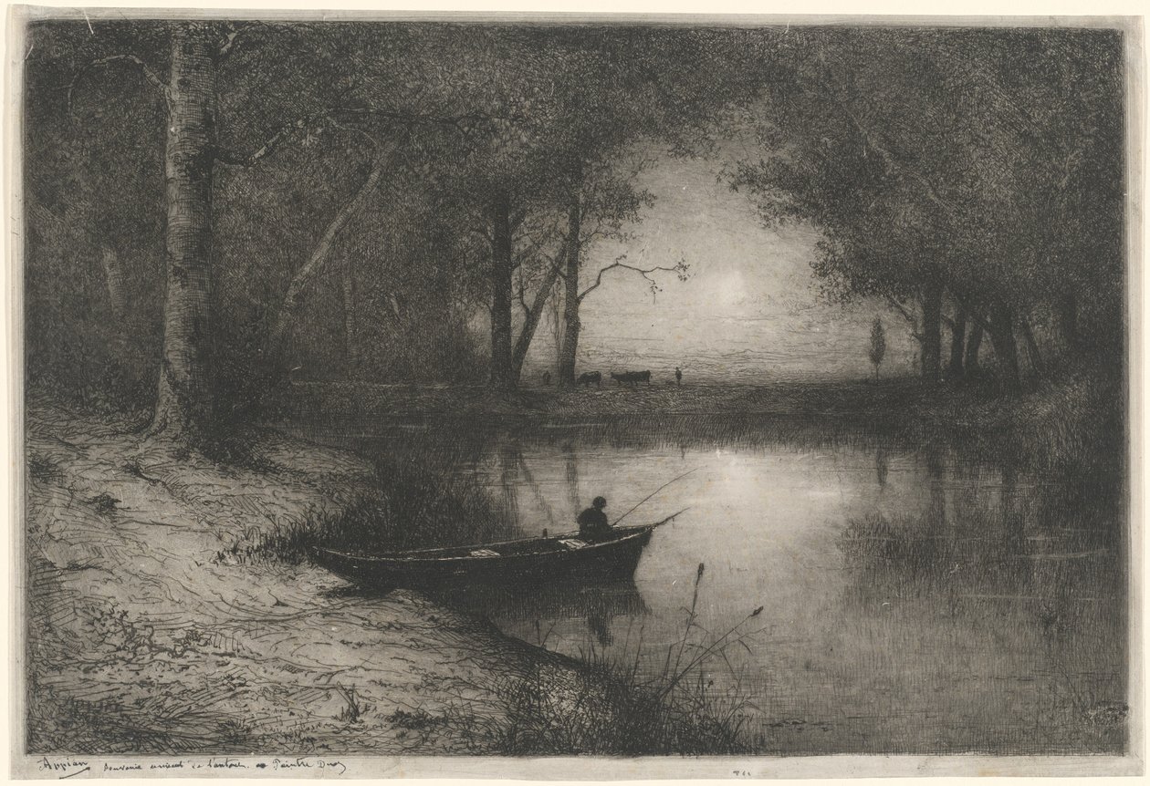Fisker i en kano, på kanten av en elv (Fisherman in a Boat) av Adolphe Appian