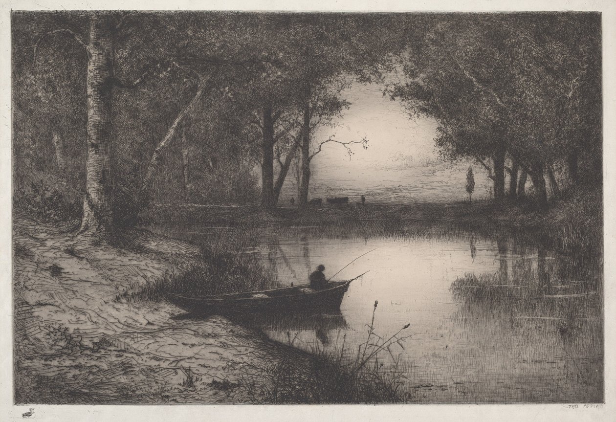Fisker i en båt ved bredden av en elv av Adolphe Appian