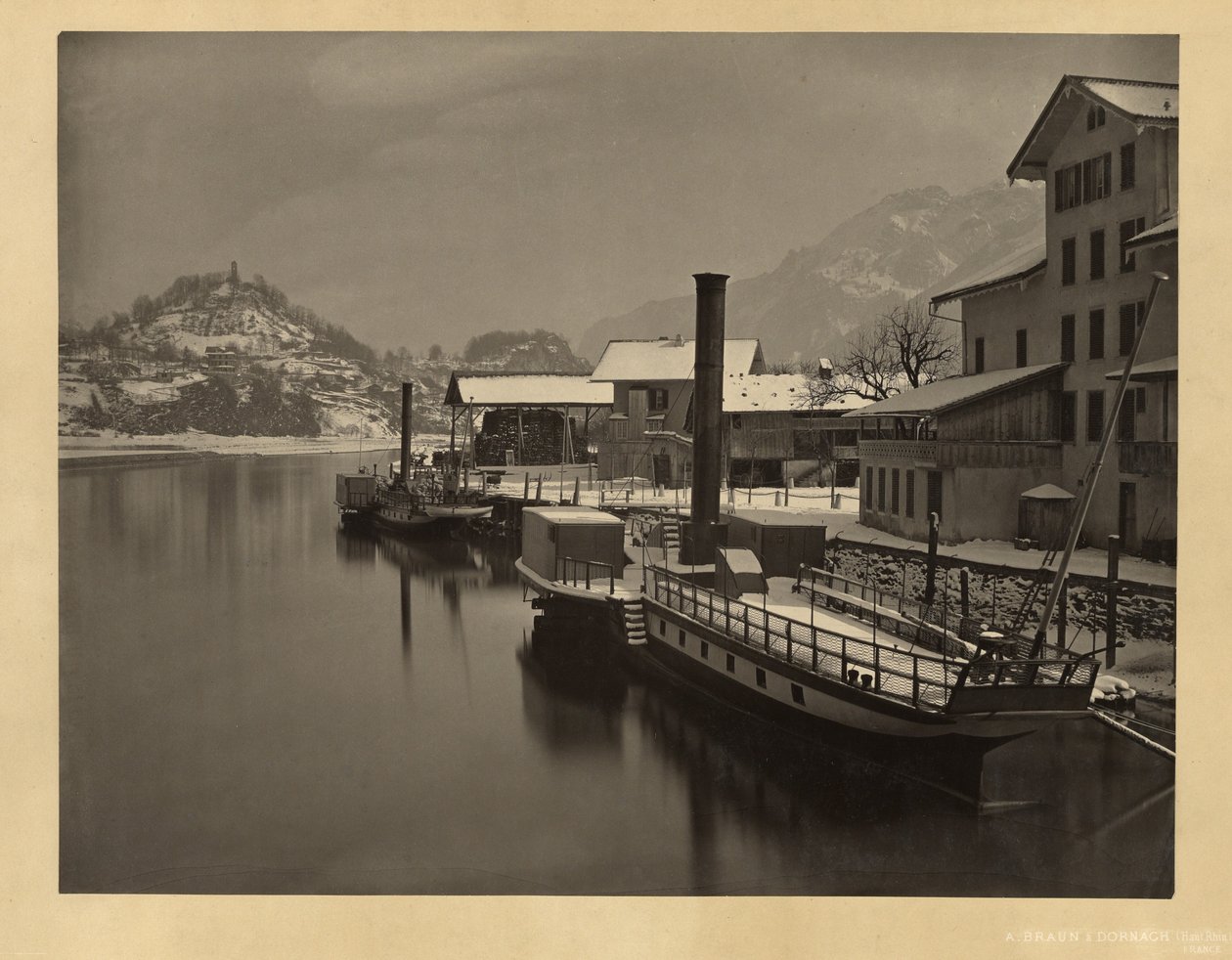 Dampbåter på vinterfortøyning, Sveits av Adolphe Braun