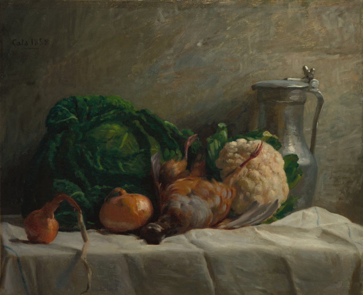 Stilleben med grønnsaker, rapphøns og en kanne av Adolphe Felix Cals