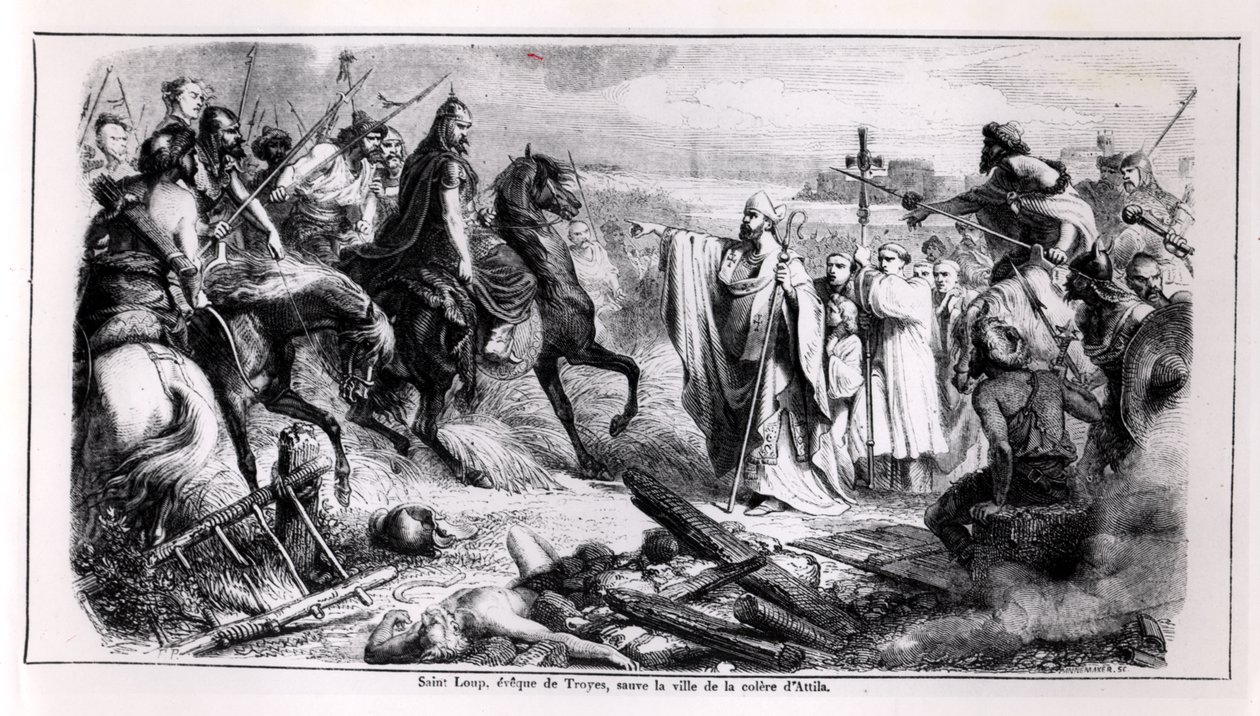 St. Loup forsvarer byen Troyes mot Huneren Attila (ca. 406-453) på sin hest, illustrasjon fra Frankrikes historie, 2. halvdel av 1800-tallet (bw-foto) av Adolphe Francois Pannemaker