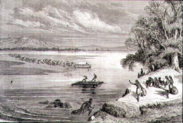 Krysser Colorado River på 1860-tallet (gravering) av Adolphe Gusman