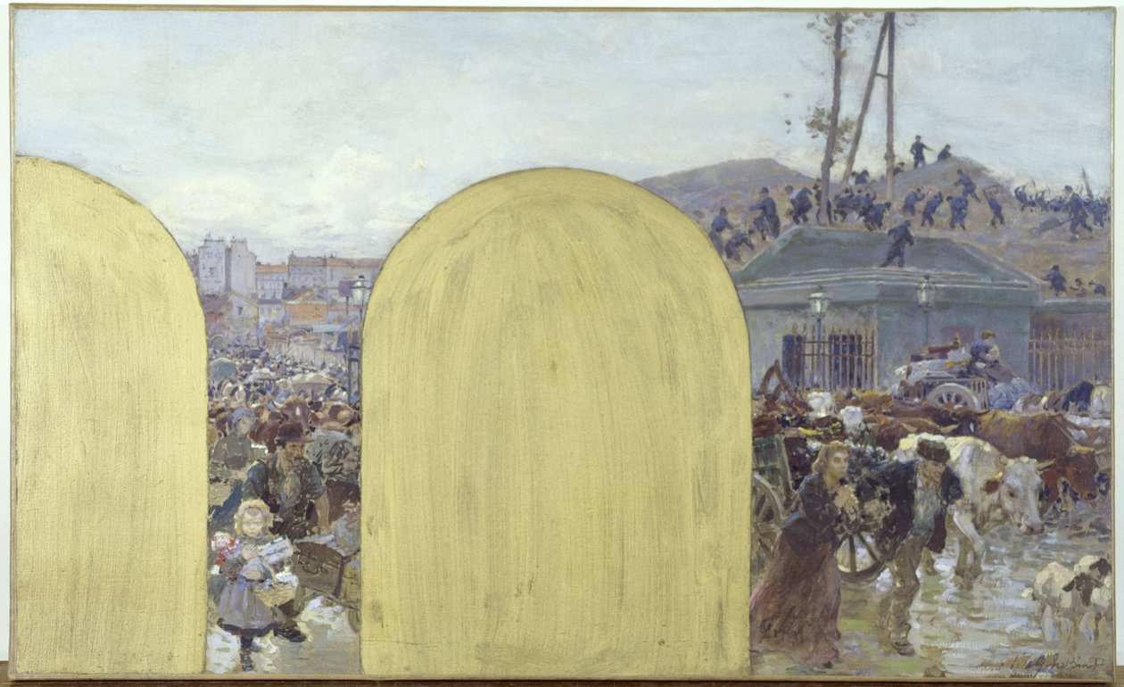 Skisse til kabinettet til prefekten på Hôtel de Ville de Paris: Forstedenes innbyggeres tilbakekomst til Paris: Beleiringen av Paris i 1870, i 1895 (olje på lerret) av Adolphe Gustave Binet