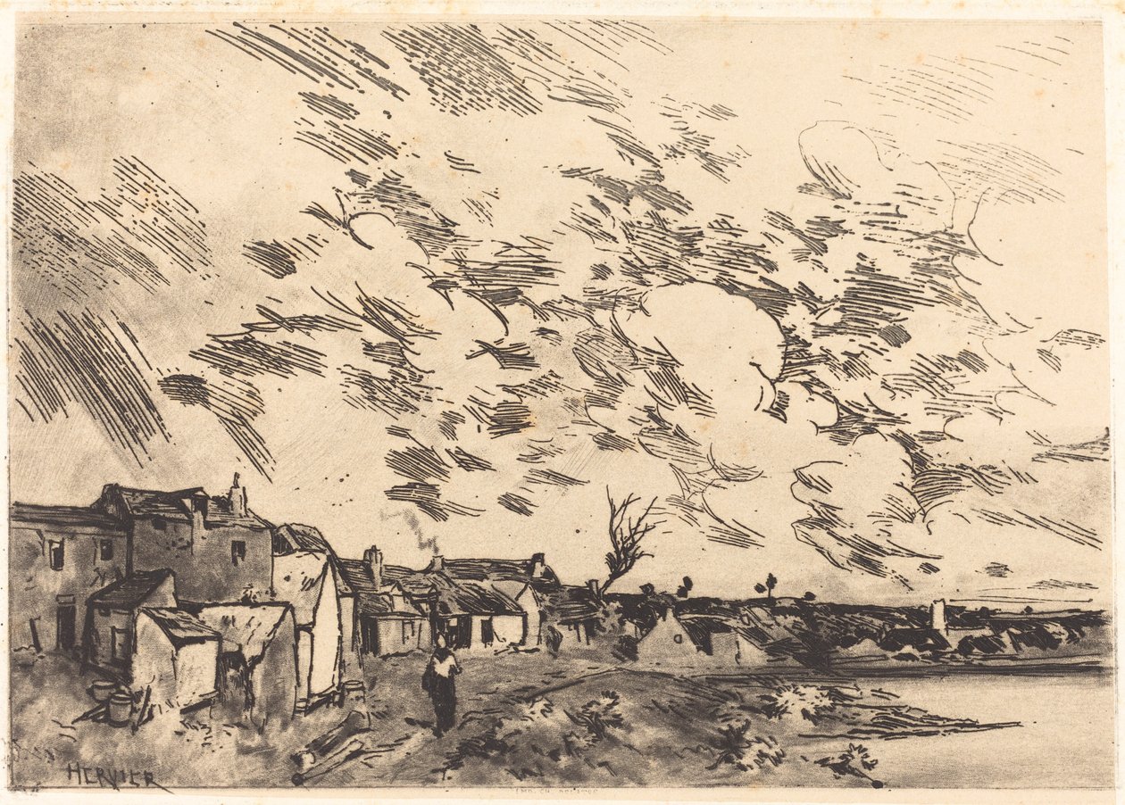 Landsby på kanten av en elv av Adolphe Hervier