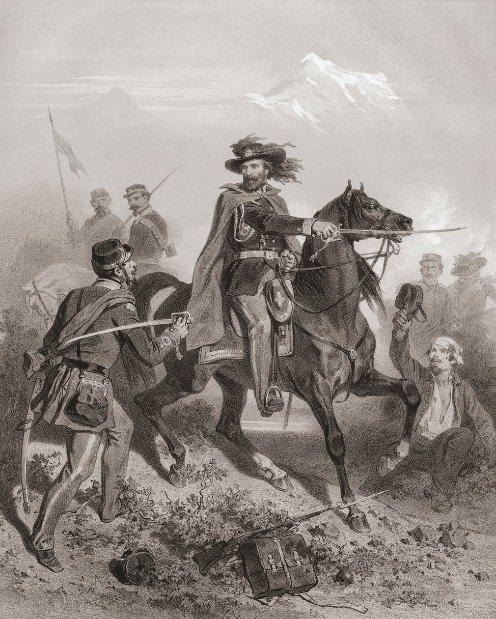 Giuseppe Garibaldi i slaget ved Varese. (skrive ut) av Adolphe Jean Baptiste (after) Bayot