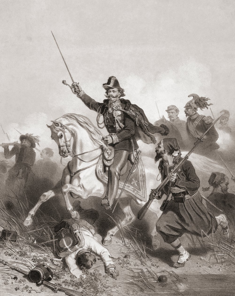 Kong Victor Emmanuel II i slaget ved Palestro (trykk) av Adolphe Jean Baptiste (after) Bayot