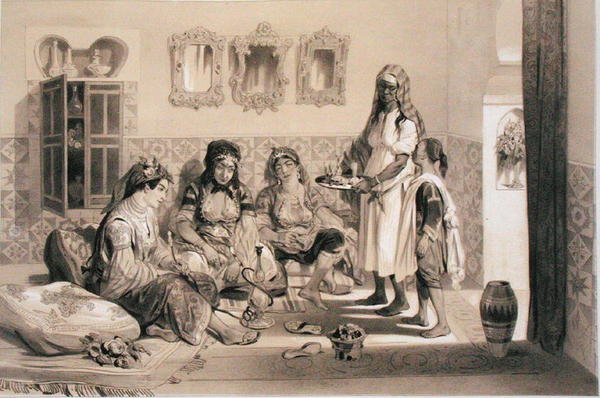 Women of Algiers, fra et bind til minne om den franske ekspedisjonsstyrken som fanget Alger i 1830 (litho) av Adolphe Jean Baptiste Bayot
