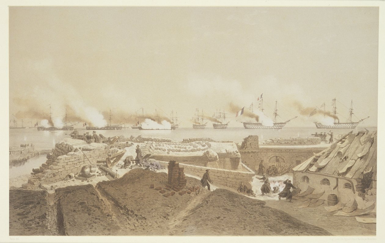Bombardement av Kil-Bouroun ved munningen av elven Dnepr av den franske flåten, fra Nos Souvenirs de Kil-Bouroun anheng LHiver passe dans Le Liman du Dnieper, 1855-56, gravert av Eugene Ciceri (1 av Adolphe Jean Baptiste Bayot and Antoine Leon Morel Fatio