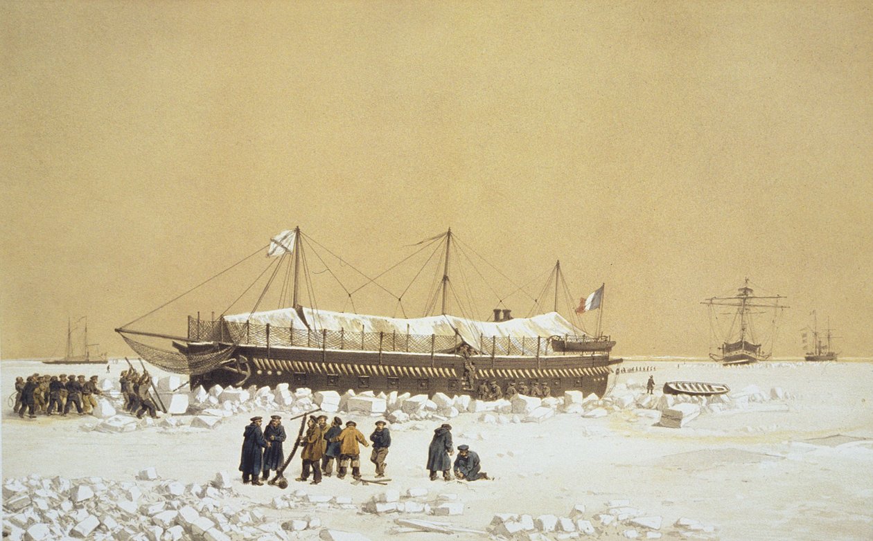 Flytende batteri La Tonnante i isen før Kil-Bouroun, fra Nos Souvenirs de Kil-Bouroun anheng LHiver passe dans Le Liman du Dnieper, 1855-56, gravert av Eugene Ciceri (1813-90) utgitt ca.18. av Adolphe Jean Baptiste Bayot and Antoine Leon Morel Fatio