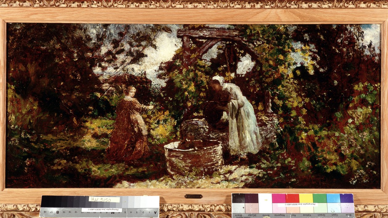 En elegante og hennes hushjelp ved brønnen Maleri av Adolphe Monticelli (1824-1886) Dim. 34,5x69,5 cm Obligatorisk omtale: Samlingsstiftelsen hilsen Provence, Marseille av Adolphe Joseph Thomas Monticelli