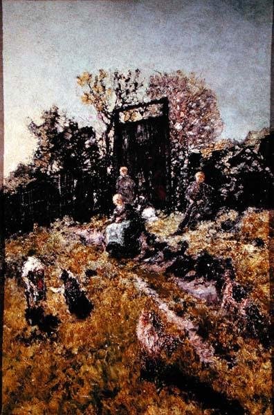 Landskap med figurer og geiter, før 1866 (olje på panel) av Adolphe Joseph Thomas Monticelli