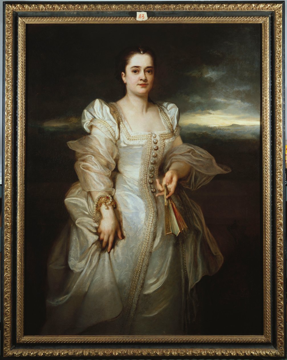 Portrett av en dame iført en hvit kjole brodert med perler av Adolphe Joseph Thomas Monticelli