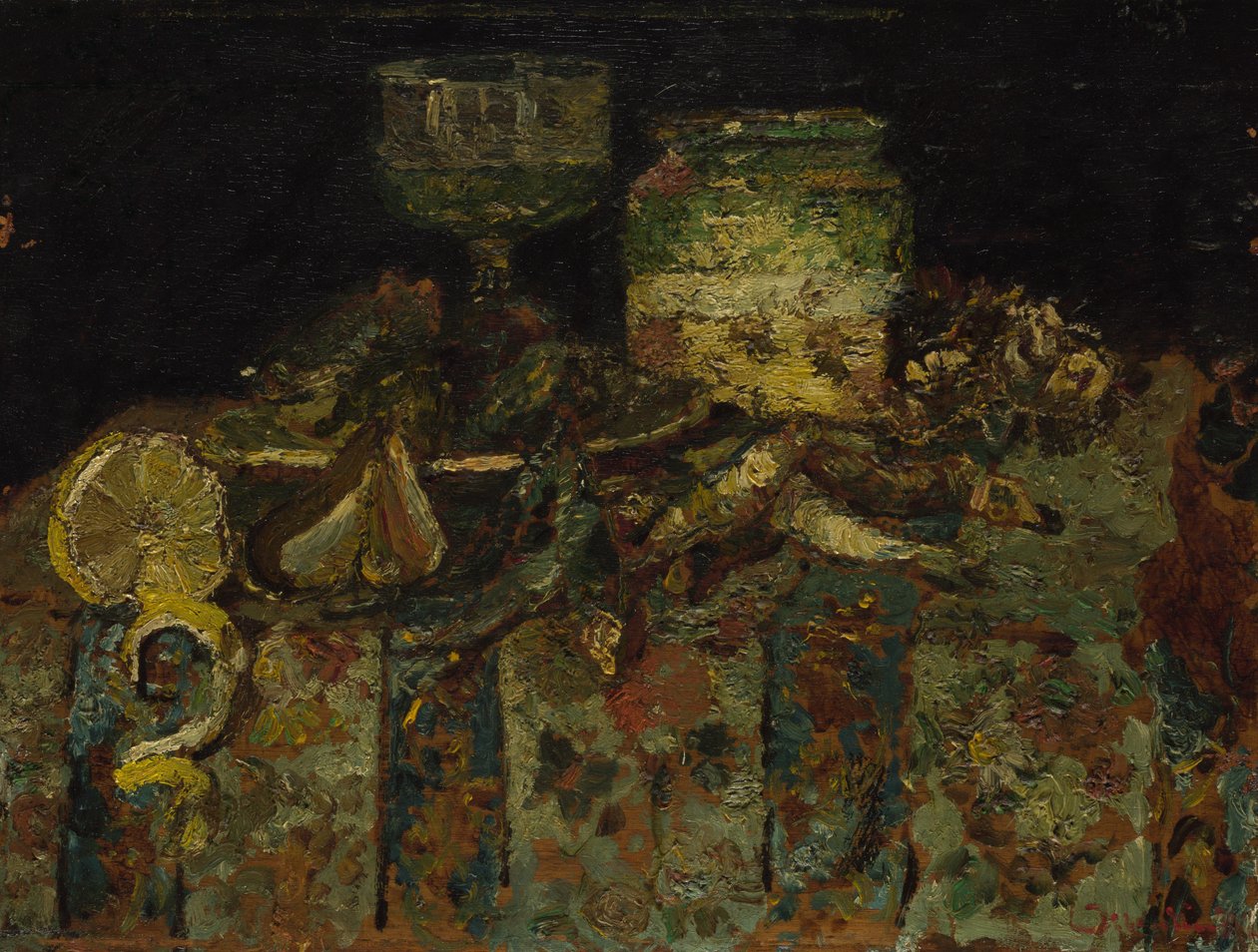 Stilleben: Østers, fisk, ca. 1880 av Adolphe Joseph Thomas Monticelli