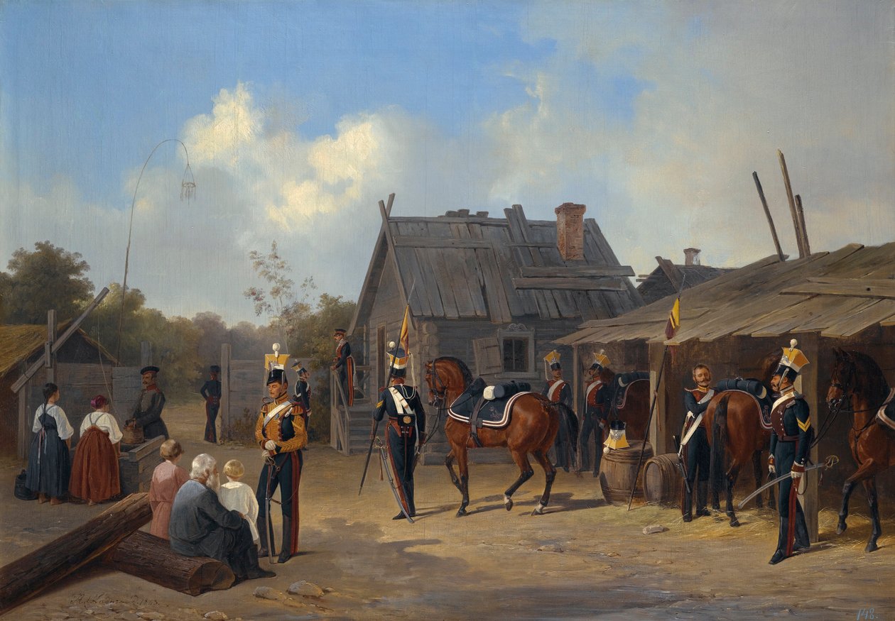 ""Soldiers Bivouac In A Village"" (Soldiers bivuakk i en landsby) Maleri av Adolphe Ladurner (1798-1856) av Adolphe Ladurner