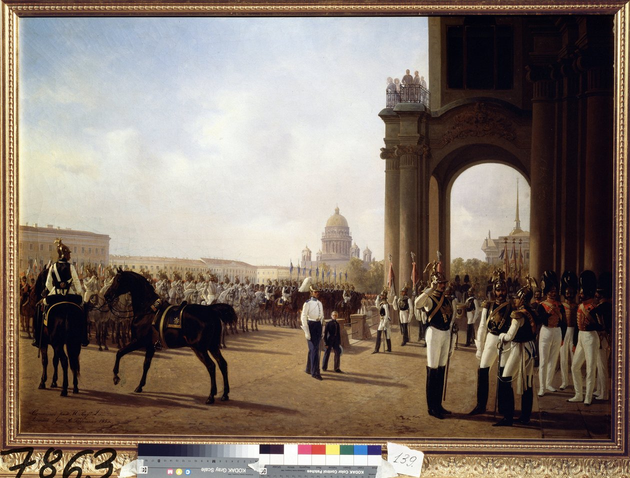 Militærparade på Palace Square i St. Petersburg (Parade på Palace Square i St Petersburg). Maleri av Adolphe Ladurner (1798-1856), olje på lerret av Adolphe Ladurner