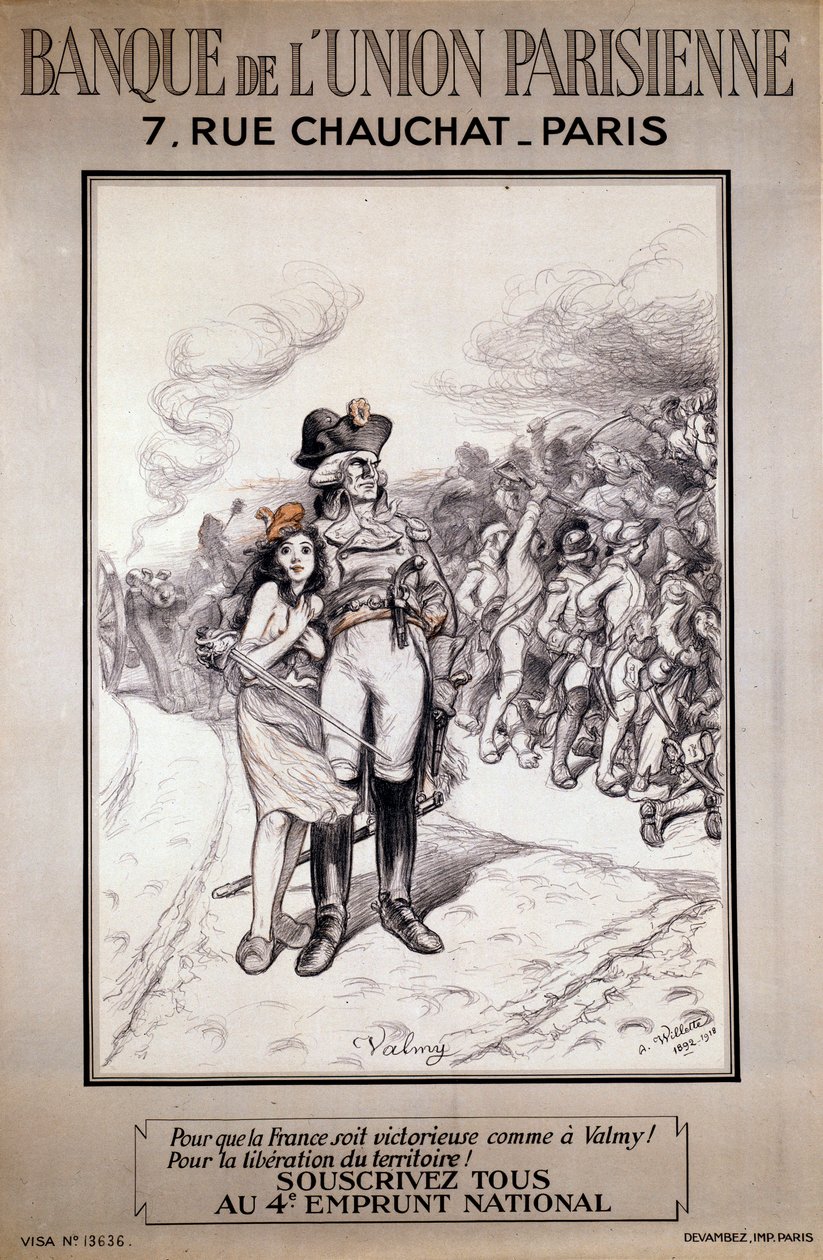 Bank of the Parisian Union: "" Å gjøre Frankrike seirende som i Valmy! For frigjøring av territoriet! Tegn alle på det 4. nasjonale lånet””. Illustrasjon av Adolphe Willette (1857-1926) av Adolphe Leon Willette
