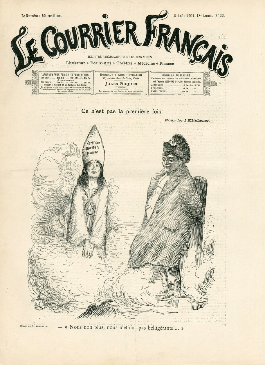 Omslag til "" Le Courrier francais", nummer 33, satirisk i B & W av Adolphe Leon Willette
