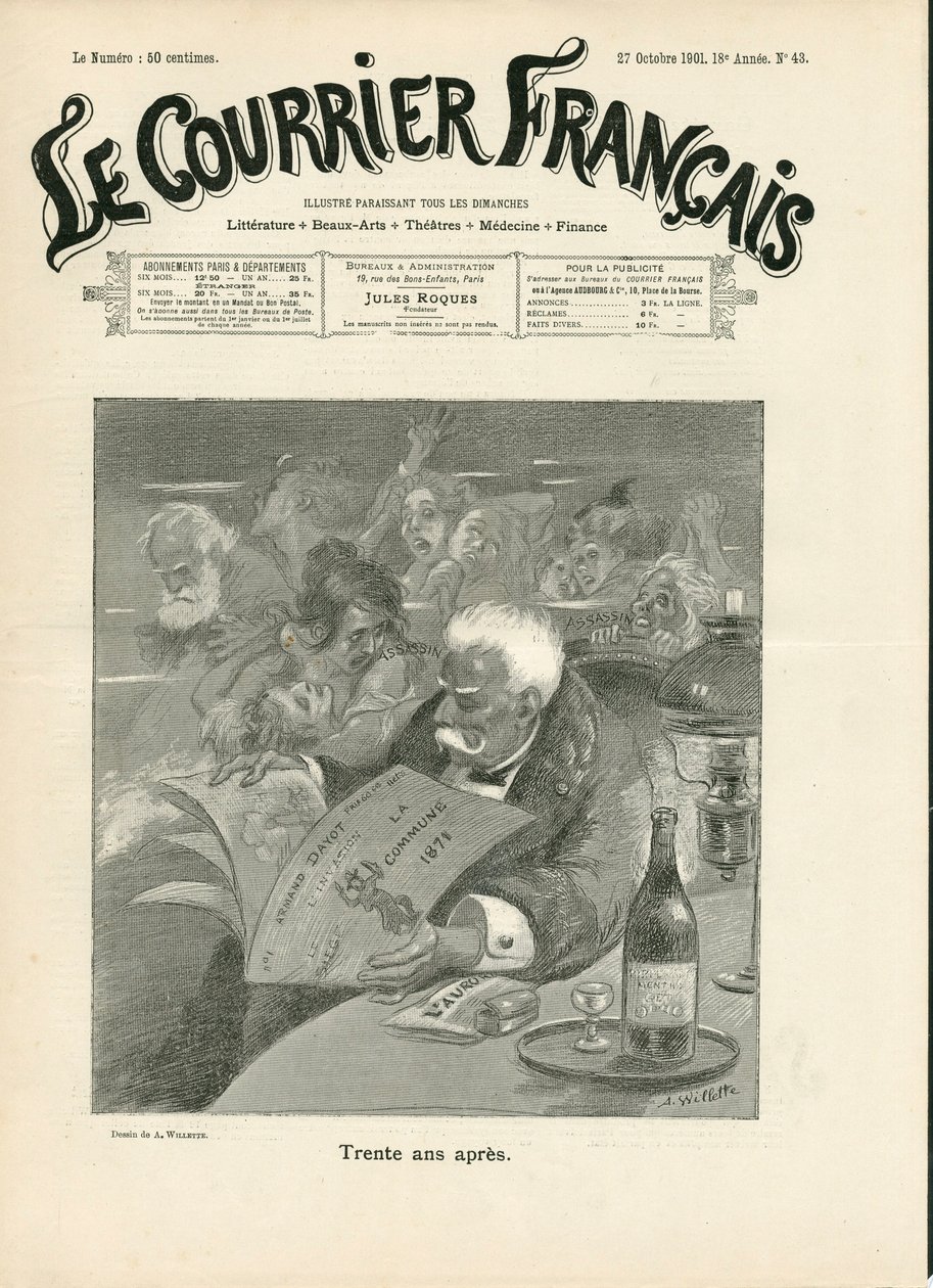 Omslag til "" Le Courrier francais", nummer 43, satirisk i B & W av Adolphe Leon Willette