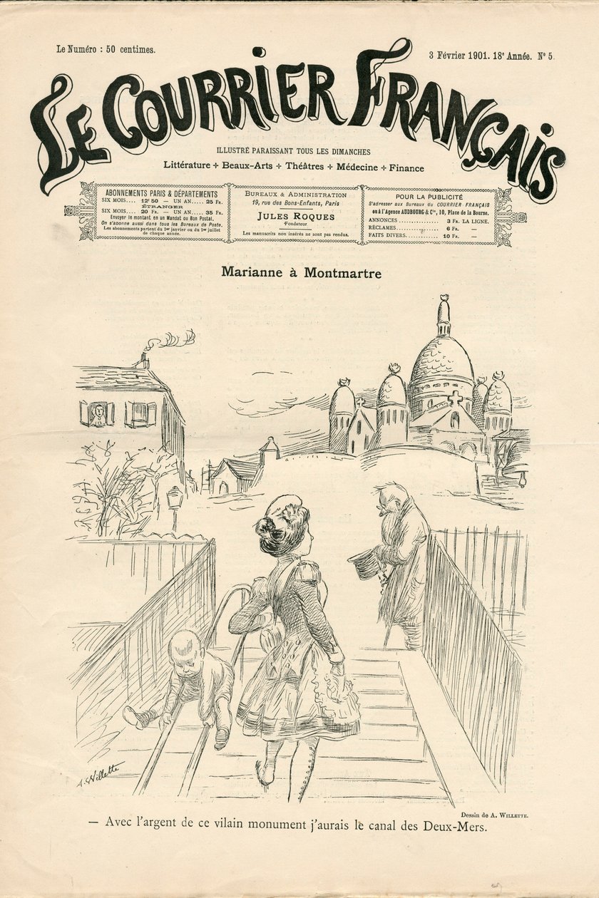 Omslag til "" Le Courrier francais", nummer 5, satirisk i B & W av Adolphe Leon Willette