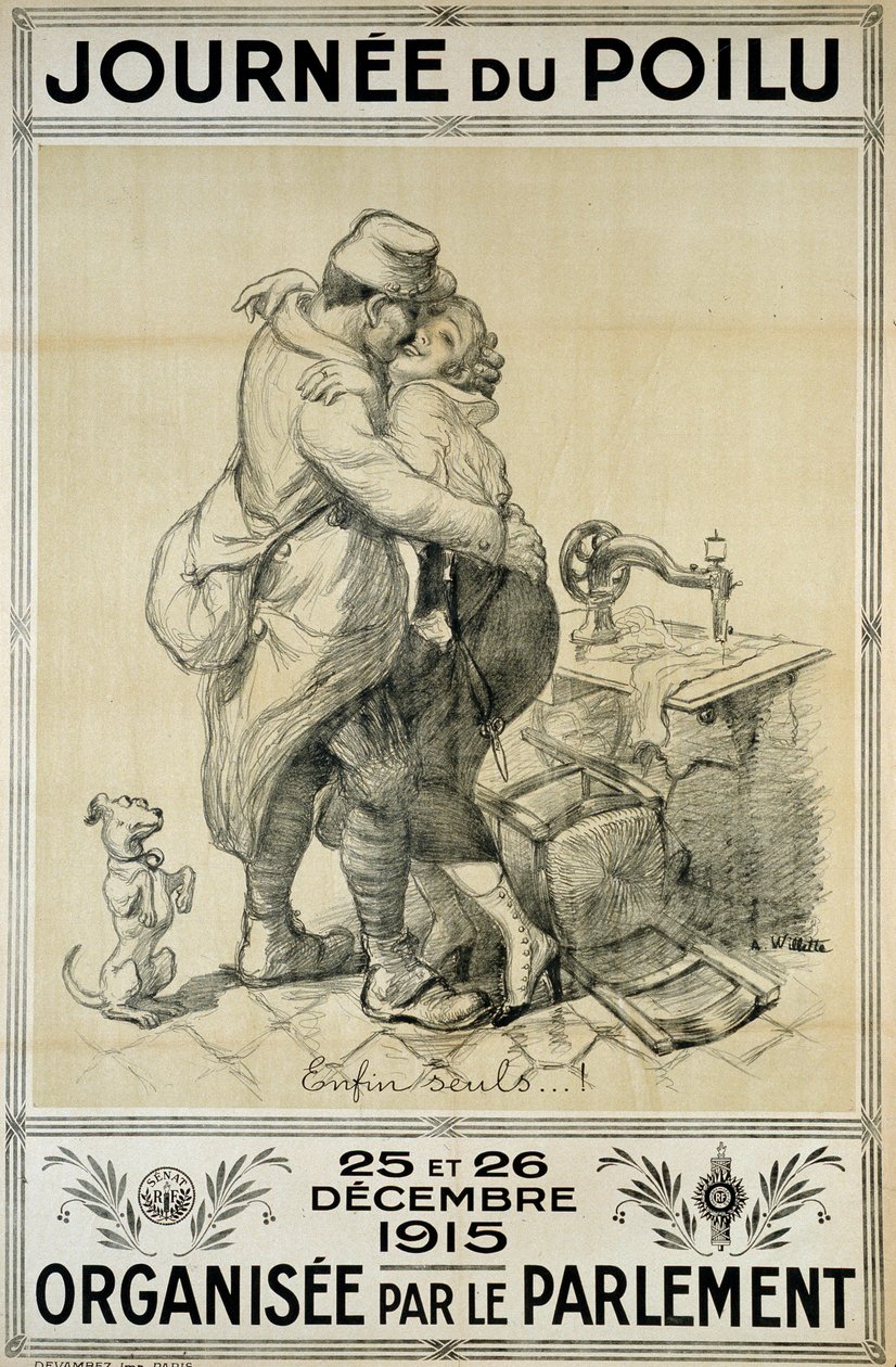Første verdenskrig: plakat til hyllest til soldater som representerer gjenforeningen av et par til de håretes dag 25. og 26. desember av Adolphe Leon Willette