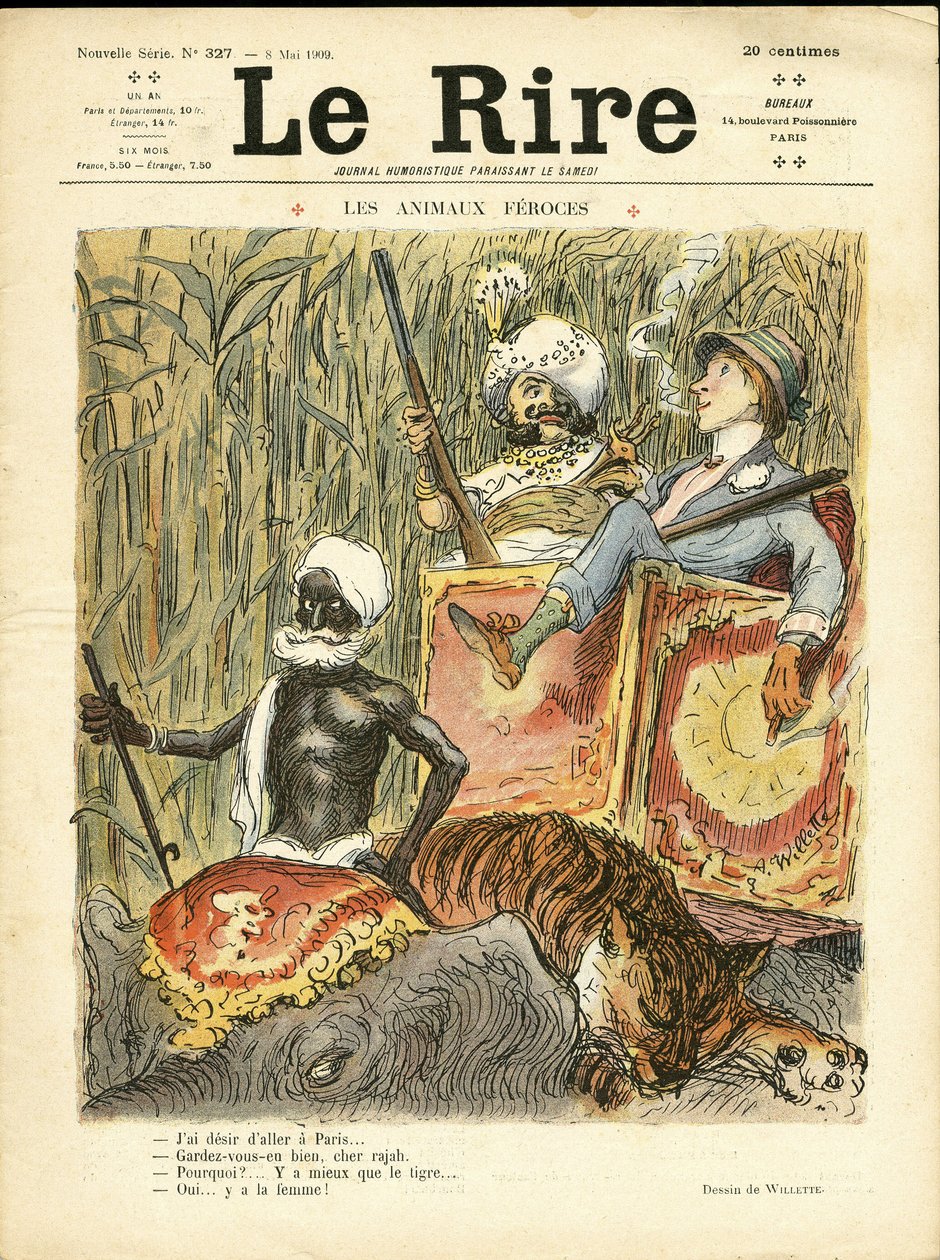 Illustrasjon av Adolphe dit Willette (1857-1926) for omslaget til The Laughter, 08/05/09 - Grusomme dyr - Antifeminisme, Hobbyer, Jaktjegere, India, Engelsk India, Dyr - Elefant, Kvinner, Tiger av Adolphe Leon Willette